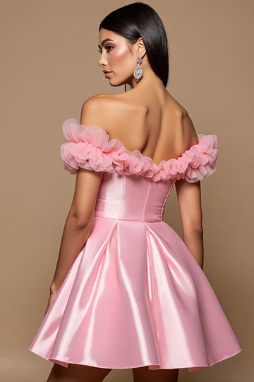 Satin Pink A Line Off The Shoulder Homecoming Dress
